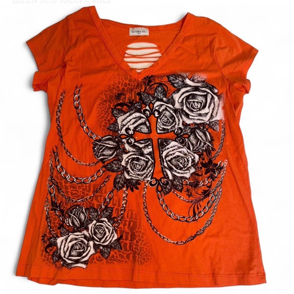 Vintage Y2K Orange V-Neck Tee with Cross, Roses & Chain Graphic Rock of Love